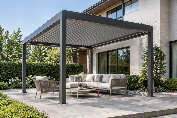 Modern aluminum pergola on an upscale residential patio