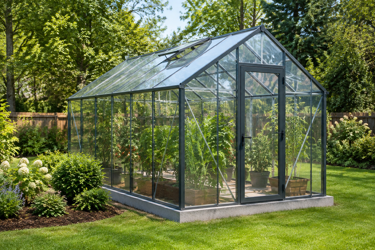 Modern residential greenhouse in a landscaped backyard