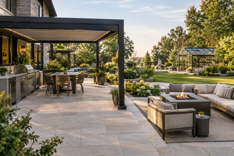 Premium residential backyard featuring a pergola, outdoor kitchen, fire pit, and greenhouse