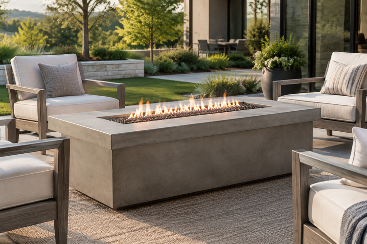 Rectangular outdoor fire pit table in a refined patio setting