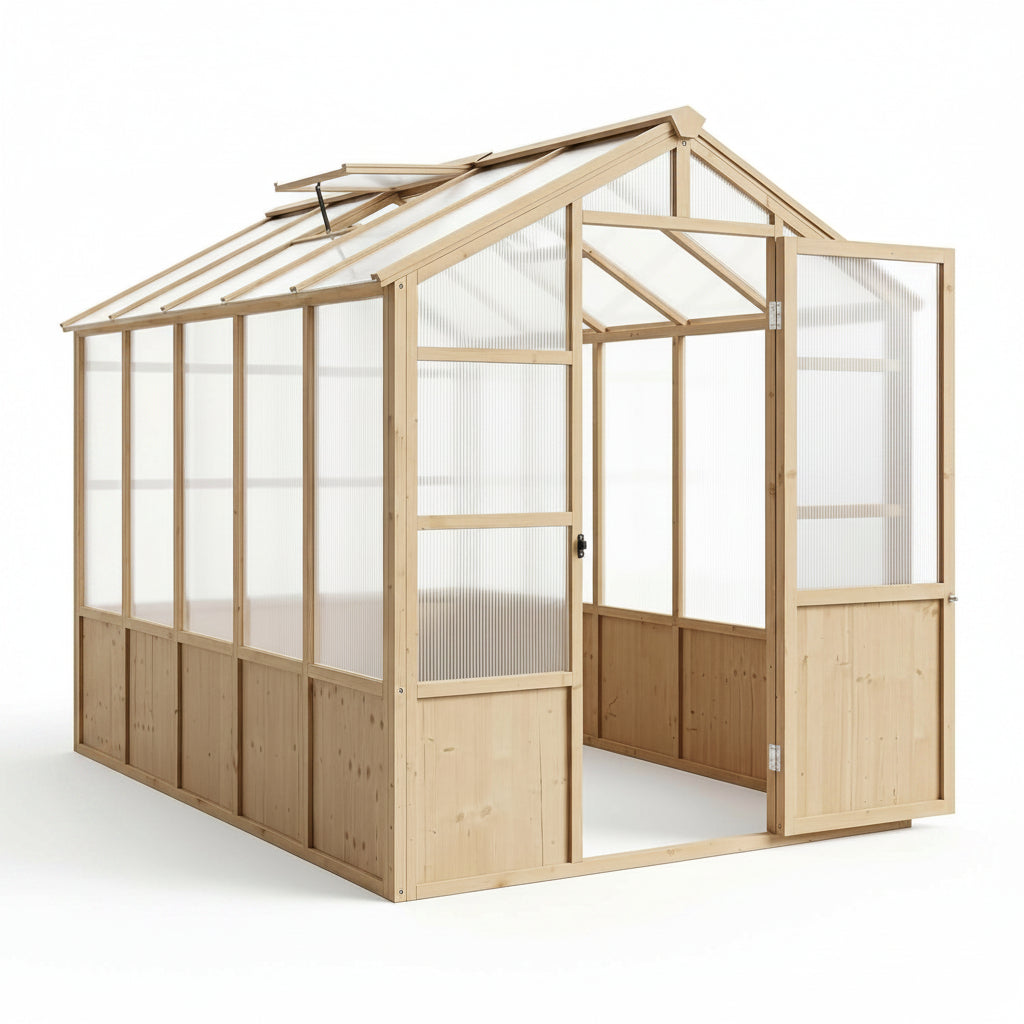 6X10 FT Wooden Greenhouse for Outdoor, Walk-In Greenhouse Kit with Ventilated Window & Lockable Door & Polycarbonate Panels, Large Wood Frame Green House for Garden, Backyard, Patio, Lawn, Plant