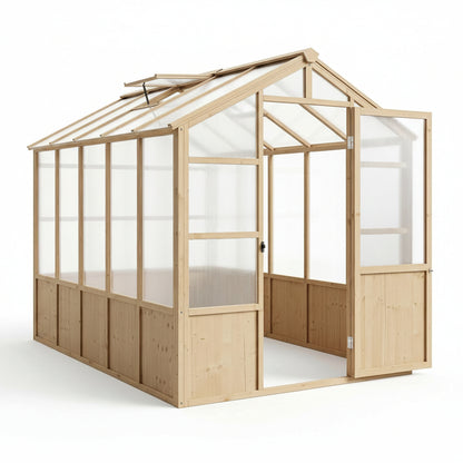 6X10 FT Wooden Greenhouse for Outdoor, Walk-In Greenhouse Kit with Ventilated Window & Lockable Door & Polycarbonate Panels, Large Wood Frame Green House for Garden, Backyard, Patio, Lawn, Plant