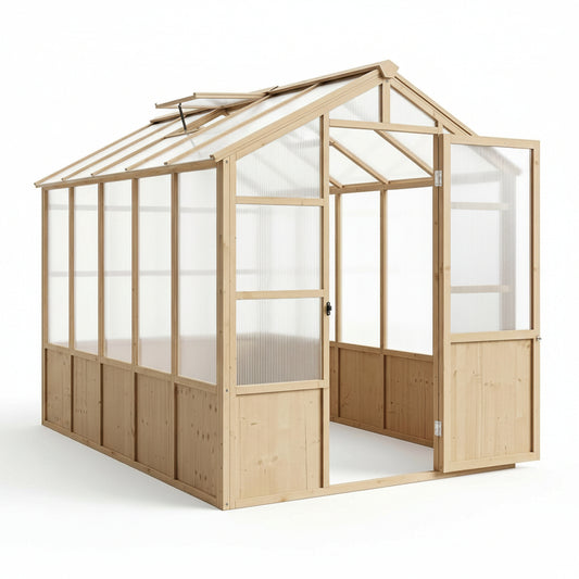 6X10 FT Wooden Greenhouse for Outdoor, Walk-In Greenhouse Kit with Ventilated Window & Lockable Door & Polycarbonate Panels, Large Wood Frame Green House for Garden, Backyard, Patio, Lawn, Plant