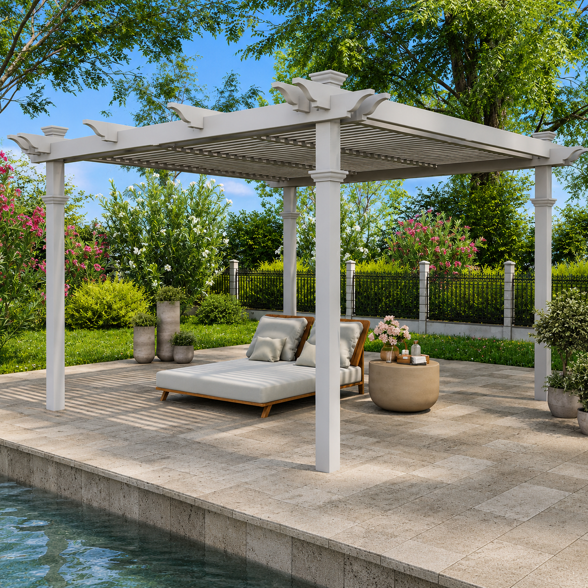 144"L X 144"W X 104"H Vinyl Camelot Louvered Pergola, White, VA42070