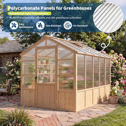 6X10 FT Wooden Greenhouse for Outdoor, Walk-In Greenhouse Kit with Ventilated Window & Lockable Door & Polycarbonate Panels, Large Wood Frame Green House for Garden, Backyard, Patio, Lawn, Plant