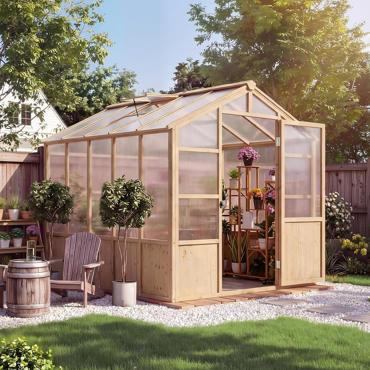 6X10 FT Wooden Greenhouse for Outdoor, Walk-In Greenhouse Kit with Ventilated Window & Lockable Door & Polycarbonate Panels, Large Wood Frame Green House for Garden, Backyard, Patio, Lawn, Plant