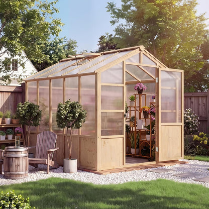 6X10 FT Wooden Greenhouse for Outdoor, Walk-In Greenhouse Kit with Ventilated Window & Lockable Door & Polycarbonate Panels, Large Wood Frame Green House for Garden, Backyard, Patio, Lawn, Plant