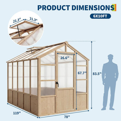 6X10 FT Wooden Greenhouse for Outdoor, Walk-In Greenhouse Kit with Ventilated Window & Lockable Door & Polycarbonate Panels, Large Wood Frame Green House for Garden, Backyard, Patio, Lawn, Plant