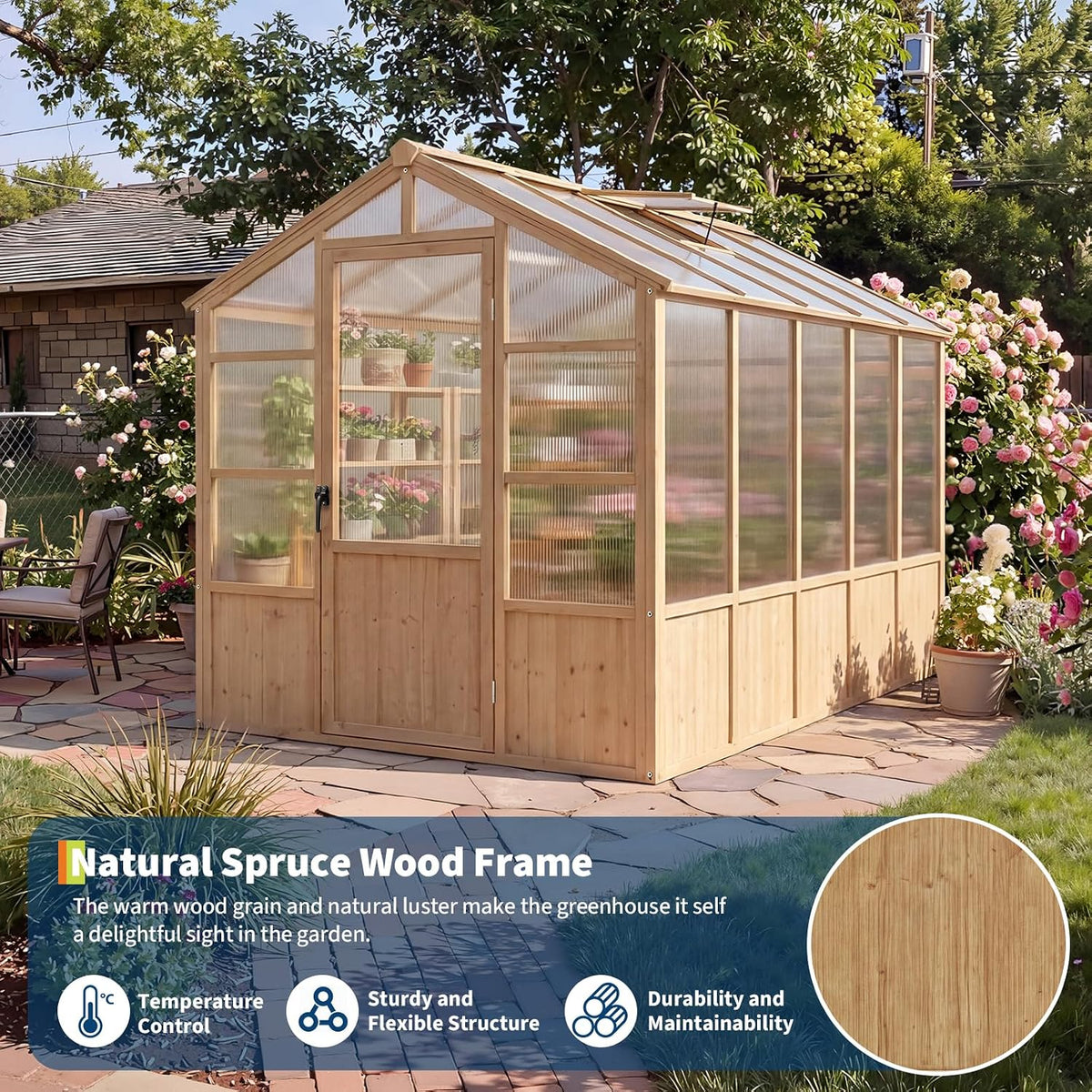 6X10 FT Wooden Greenhouse for Outdoor, Walk-In Greenhouse Kit with Ventilated Window & Lockable Door & Polycarbonate Panels, Large Wood Frame Green House for Garden, Backyard, Patio, Lawn, Plant