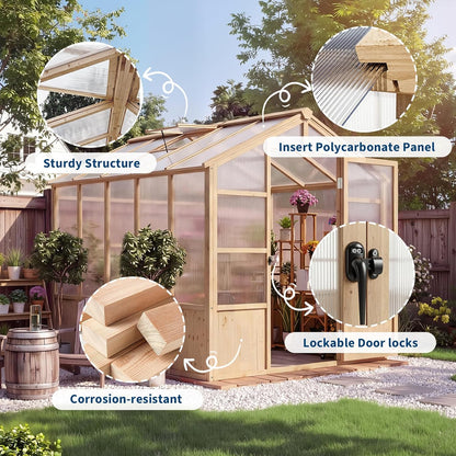 6X10 FT Wooden Greenhouse for Outdoor, Walk-In Greenhouse Kit with Ventilated Window & Lockable Door & Polycarbonate Panels, Large Wood Frame Green House for Garden, Backyard, Patio, Lawn, Plant